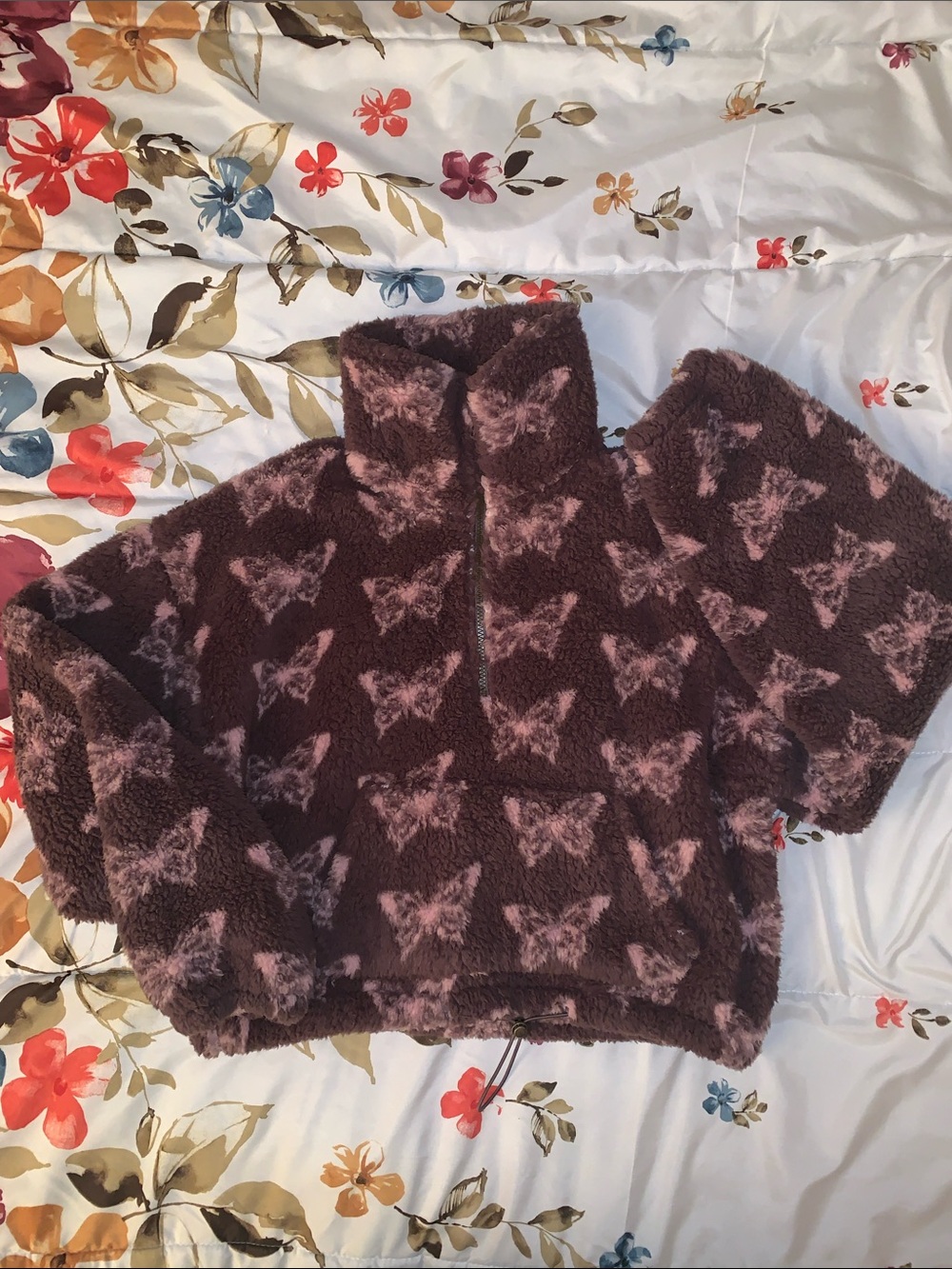 Arizona Jean Company Mauve/Brown Faux-Sherpa Butterfly Cropped Half-Zip Pullover